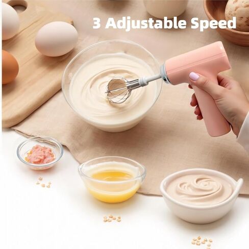 Cordless Hand Mixer, One Touch Off Handheld Electric Whisk with 3 Speed Modes, Hand Held Egg Beater with 2 Detachable Stir Whisks (Pink) in Saudi Arabia
