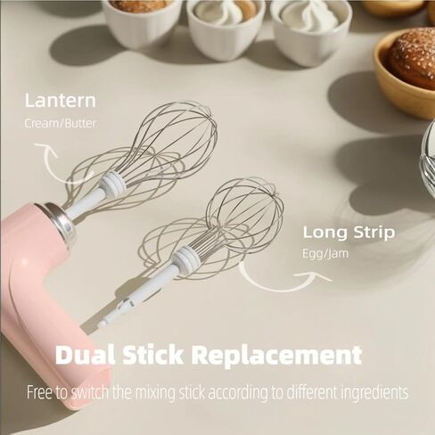 Cordless Hand Mixer, One Touch Off Handheld Electric Whisk with 3 Speed Modes, Hand Held Egg Beater with 2 Detachable Stir Whisks (Pink) in Saudi Arabia
