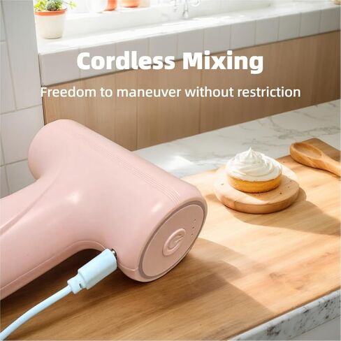 Cordless Hand Mixer, One Touch Off Handheld Electric Whisk with 3 Speed Modes, Hand Held Egg Beater with 2 Detachable Stir Whisks (Pink) in Saudi Arabia