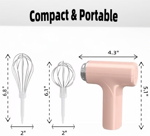 Cordless Hand Mixer, One Touch Off Handheld Electric Whisk with 3 Speed Modes, Hand Held Egg Beater with 2 Detachable Stir Whisks (Pink) in Saudi Arabia