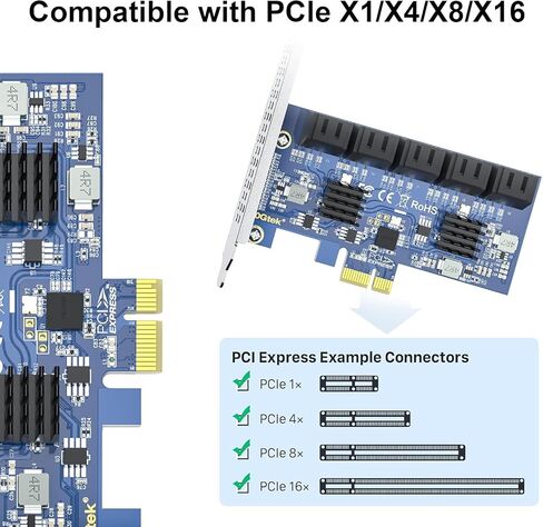H! Fiber 6 Port PCIE SATA بطاقة مع 6 كابلات SATA ، بطاقة توسيع 6 جيجابت في الثانية SATA3.0 ، X4 ، ASMEDIA ASM1164 ، دعم SSD و HDD ، مع ارتفاع كامل وفرق منخفضة المستوى in Kuwait