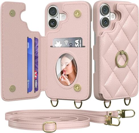 Crossbody Wallet with Cosmetic Mirror Case for iPhone 16 Pro Max, UP Leather Case with Card Slots Invisible Stand, Women Detachable Lanyard 6.9-Inch Phone Case Balck Black in Saudi Arabia