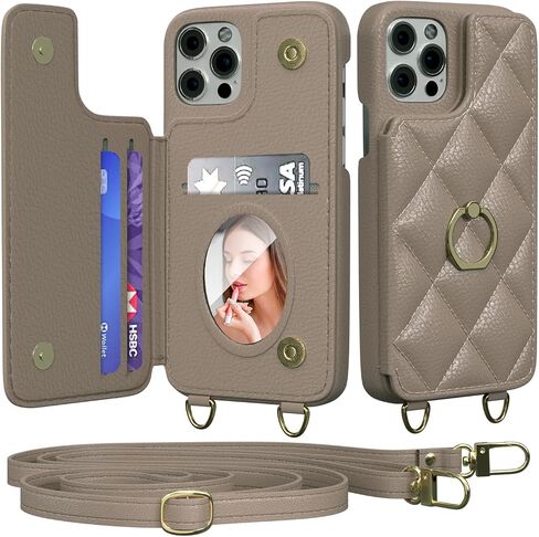 Crossbody Wallet with Cosmetic Mirror Case for iPhone 16 Pro Max, UP Leather Case with Card Slots Invisible Stand, Women Detachable Lanyard 6.9-Inch Phone Case Balck Black in Saudi Arabia