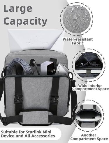 Muzale Starlink Mini Case for Starlink Mini Dish Kit Bag Bag مع أحزمة الكتف مقبض حقيبة حمل محمولة مع بطانة القطن لاكسسوارات كابلات رمادية in Kuwait
