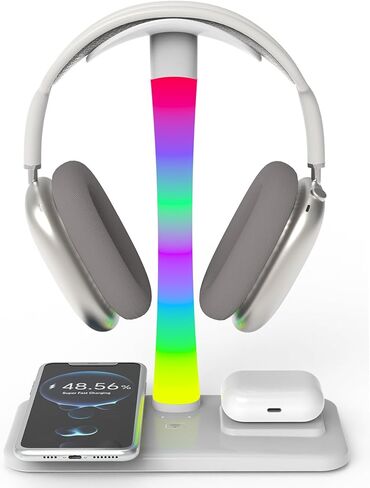 Headphone Stand with Wireless Charger,Gaming Headset stand with RGB Light,For Airpod Max Stand Compatible with Airpod Pro/3/2,For iPhone 17/16/15/14/13/12/11,Gifts for Gamers & Music Lover (Purple) in Saudi Arabia