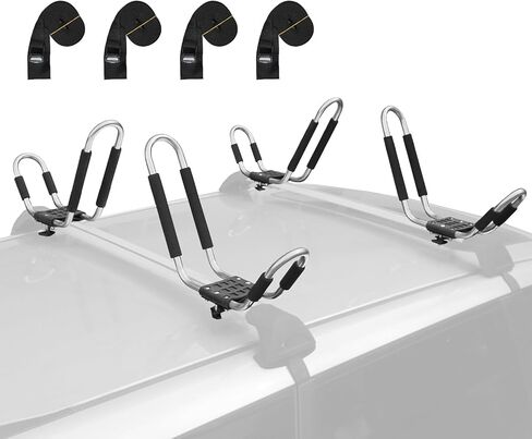 Leader Accessories Folding Kayak Roof Rack - 4 PCS/Set Heavy Duty Stainless Steel J Bars for Canoe, Surf Board, SUP - Mounts on Roof Crossbar with 4 Tie Down Straps, Fits Cars, SUVs, Trucks in Saudi Arabia