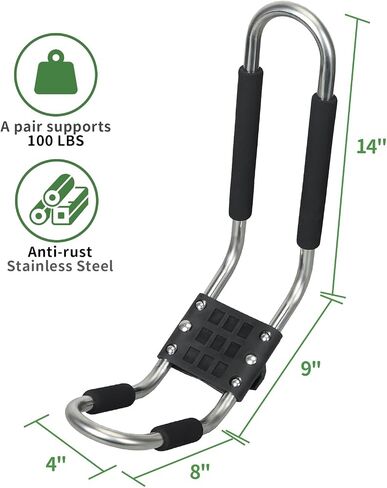 Leader Accessories Folding Kayak Roof Rack - 4 PCS/Set Heavy Duty Stainless Steel J Bars for Canoe, Surf Board, SUP - Mounts on Roof Crossbar with 4 Tie Down Straps, Fits Cars, SUVs, Trucks in Saudi Arabia