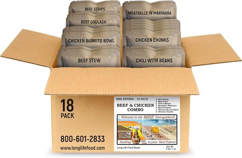 MRE Entrees (18-Pack) – Beef and Chicken Combo - (Beef Strips, Stew, Chili w/Beans, Meatballs with Marinara, Beef Goulash, Chicken Chunks, Chicken Burrito Bowl) Sourced from USA Govt Contractor in Kuwait