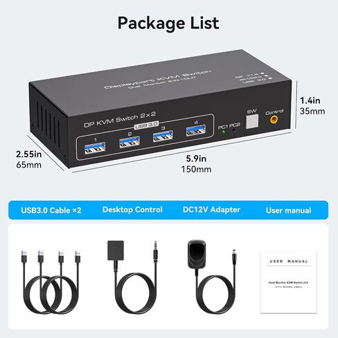 Displayport KVM Switch 2 Monitors 2 Computers 4K@144Hz USB3.0 KVM Switch for 2 Computers Share Dual Displays and 4 USB Devices Support Extended/Copy Mode with Desktop Controller in Saudi Arabia