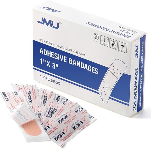 JMU 100pcs Adhesive Bandages Sterile, 1x3 Inch Fabric Bandage Strips, Individually Wrapped for Wound Care First Aid in Kuwait