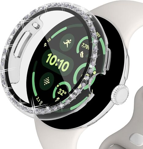 Screen Protector Case Compatible with Google Pixel Watch 3 41mm 45mm Bling Rhinestone Case Hard PC Full Protective Cover with Tempered Glass Film for Pixel Watch 3 Accessories(Silver, 41mm) in Saudi Arabia