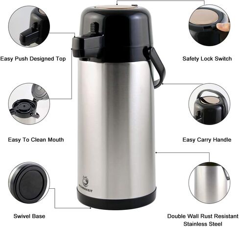 Airpot Tea Dispenser with Pump,3L/102 Oz Thermal Beverage Coffee Dispenser with Tea Filter for Party Chocolate Drinks Stainless Steel Thermos Large Thermal Hot Drink, Pump Action Airpot for Hot/Cold in Saudi Arabia