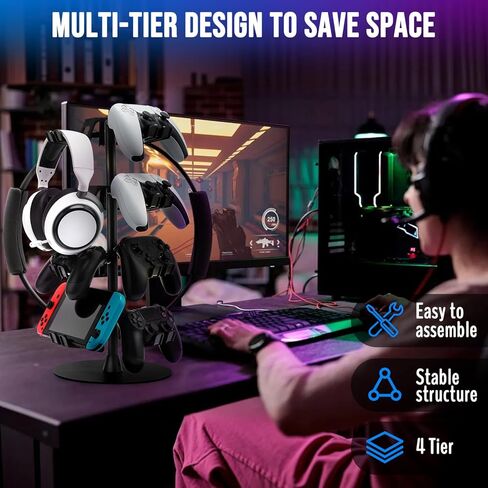 Universal Controller Holder and Headphone Stand for Switch, PS5, PS4, Xbox Series X|S – 4-Tier Rotatable Controller Stand and Headset Holder, Holds Up to 12 Controllers – Gaming Stuff in Kuwait