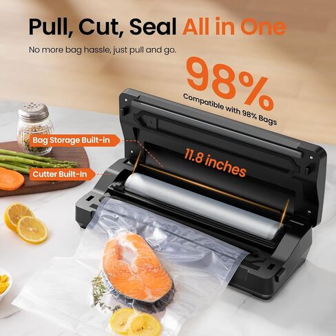 Vacuum Sealer for Food -90kpa Vacuum Sealer Machine with Bags Storage and Built-in Cutter, Food Sealer with External Vac Function, Dry Moist Modes, Bag Roll included, Stainless Steel in Saudi Arabia