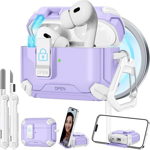 بالنسبة إلى Airpods Pro 2 Case 【مع حامل الهاتف غير المرئي】 حالة قفل آمنة متوافقة مع Magsafe ، وعلاب Apple Airpods Pro 2nd/1st Generation مع Cleaner و Key-Chain ، فتح تلقائي in Saudi Arabia