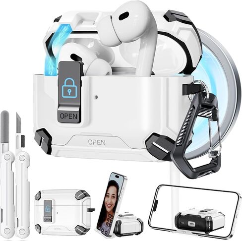 بالنسبة إلى Airpods Pro 2 Case 【مع حامل الهاتف غير المرئي】 حالة قفل آمنة متوافقة مع Magsafe ، وعلاب Apple Airpods Pro 2nd/1st Generation مع Cleaner و Key-Chain ، فتح تلقائي in Saudi Arabia
