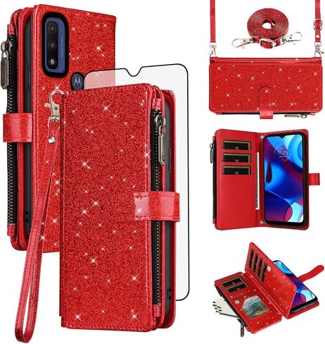 Asuwish Phone Case for Motorola Moto G Pure 2021 Wallet Cell Cover with Tempered Glass Screen Protector Strap Glitter Zipper Flip Credit Card Holder MotoGPure MotoG GPure XT2163DL 6.5 Women Rose Gold in Saudi Arabia