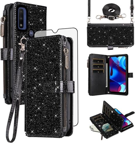 Asuwish Phone Case for Motorola Moto G Pure 2021 Wallet Cell Cover with Tempered Glass Screen Protector Strap Glitter Zipper Flip Credit Card Holder MotoGPure MotoG GPure XT2163DL 6.5 Women Rose Gold in Saudi Arabia