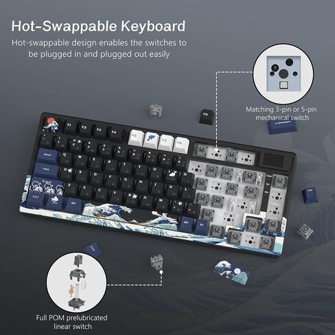 Womier S-K80 75% Keyboard with Color Multimedia Display Mechanical Gaming Keyboard, Wired Hot Swappable Gasket Mount RGB Custom Key Board, Pre-lubed Stabilizer for Mac/Win, Black Kanagawa in Kuwait