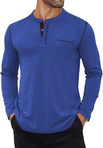 Hardaddy Men's Contrast Color Henley T-Shirt Long Sleeve Classic Henley Shirt Buttons Crewneck Pullover Top with Pocket in Kuwait