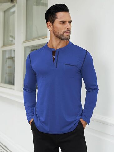 Hardaddy Men's Contrast Color Henley T-Shirt Long Sleeve Classic Henley Shirt Buttons Crewneck Pullover Top with Pocket in Kuwait
