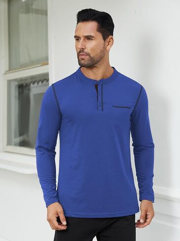 Hardaddy Men's Contrast Color Henley T-Shirt Long Sleeve Classic Henley Shirt Buttons Crewneck Pullover Top with Pocket in Kuwait