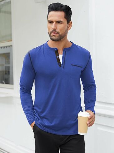 Hardaddy Men's Contrast Color Henley T-Shirt Long Sleeve Classic Henley Shirt Buttons Crewneck Pullover Top with Pocket in Kuwait