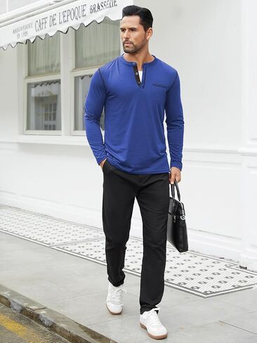 Hardaddy Men's Contrast Color Henley T-Shirt Long Sleeve Classic Henley Shirt Buttons Crewneck Pullover Top with Pocket in Kuwait