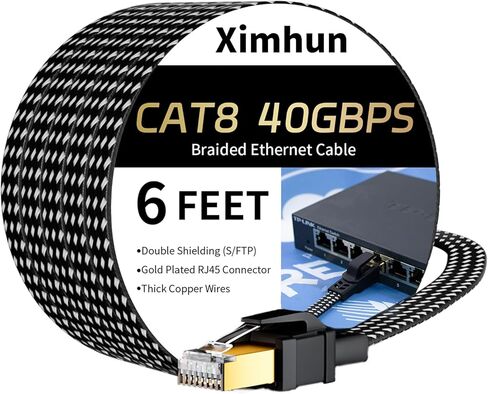 Cat 8 Ethernet Cable 25 FT, 40Gbps 2000Mhz High Speed Flat Cat8 Cable Patch Cord with Gold-Plated RJ45 Connector, LAN Network Internet Cable, Router/Gaming/Computer, S/FTP in Kuwait