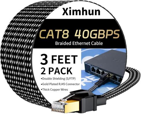 Cat 8 Ethernet Cable 25 FT, 40Gbps 2000Mhz High Speed Flat Cat8 Cable Patch Cord with Gold-Plated RJ45 Connector, LAN Network Internet Cable, Router/Gaming/Computer, S/FTP in Kuwait