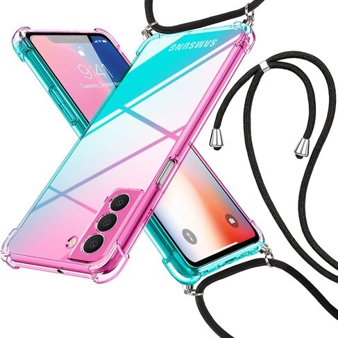 for Galaxy S22 Case,with Adjustable Lanyard Neck Strap,Gradient,Soft TPU,Cover Shockproof Bumper Cushion Case for Galaxy S22,Pink/Gold,MDM-DSJB-07-03 in Saudi Arabia