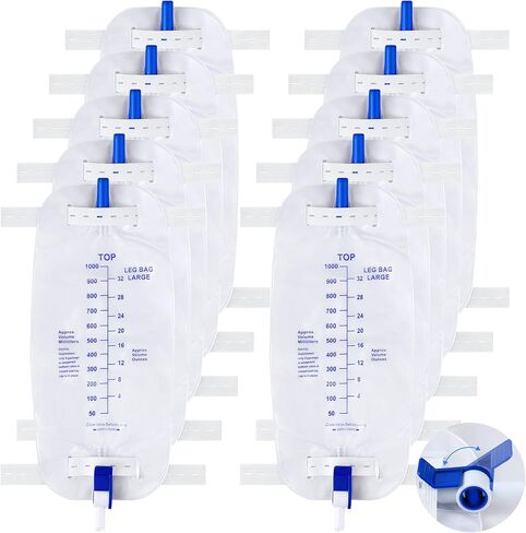 Geiserailie 5 Pack 1000ml Leg Bag Urinary Drainage Bag with Cloth Straps, 33.8oz Large Capacity Urine Leg Bag with Anti Reflux Valve, Easy Flip Drain, Urinary Leg Bag for Men, Women in Kuwait