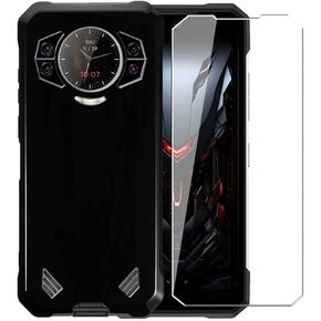 Case for Doogee S200 + [2 Pack] Glass Screen Protector Tempered Film - Transparent Silicone Soft Flexible Bumper Shockproof TPU Protective Cover Shell for Doogee S200 (Black)