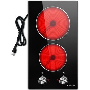 Noxton 110v Electric Cooktop 2 Burners, Plug in Electric Stove 12 Inch, Built-in or Above the Counter Use, 9 Power Level, Knob Control Ceramic Stovetop, Great for the Elderly