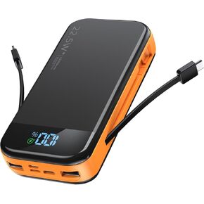 Portable Charger Power Bank 32000mAh with Built in Cables, PD3.0 USB C Fast Phone Charger, 5 Outputs LCD Display Travel Battery Pack Compatible with iPhone, Samsung All Cell Phones (Black)