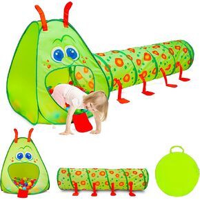 Kiddey Caterpillar Kids يلعبون النفق وخيمة مع 50 كرة 2 جهاز كمبيوتر. قم بالزحف عبر Baby Ball Pit يطفو على السطح للطفل والرضع ، والغابة الداخلية والخارجية هدية الحفلات | الزحف الأنفاق والخيام