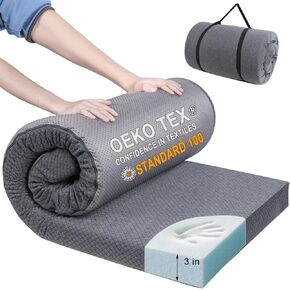 100% Memory Foam Camping Mattress Pad, 3in Extra Thickness Portable Cot Mattress Pad, Waterproof Roll Up Mattress for Travel Truck Bed Tent - 72x24x3in - Gray