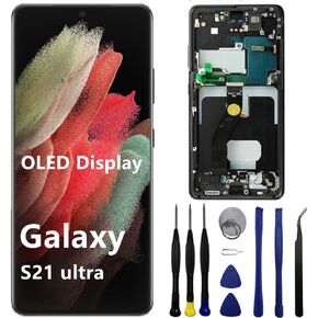 OLED for Samsung Galaxy S21Ultra Screen Replacement S21U 5G SM-G998U SM-G998U1 SM-G998W SM-G998B LCD Display Touch Screen Digitizer Assembly Support Fingerprint and S-Pen (with White Frame+Tools)