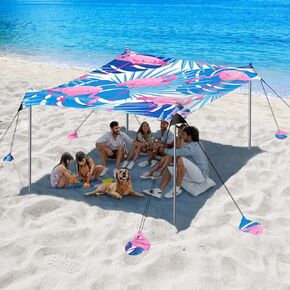 Beach Tent Sun Shelter, 10 x 10 FT Beach Canopy Tent Sun Shade Heavy Duty, UPF50+ Beach Tent Canopy with 8 Sandbags & 4 Stability Poles, Outdoor Beach Tent for Beach Camping Fishing, Sky Blue