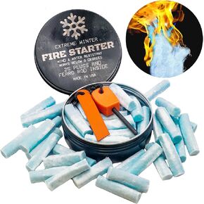 FIRE Starter Winter Survival KIT - Plugs (25 Pack) with Ferro Rod in Can | Waterproof & Weather Resistant Can Light 50+ Fires with Extra Long Burn Time | Campfires, BBQ & Grill, Fireplace Starter