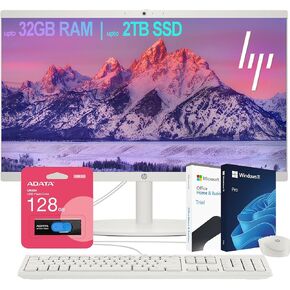 HP All-in-One Desktop| 22" Full HD Display| Intel Dual-core Processor| 32GB RAM| 2TB PCIe SSD| 128GB External Drive & Microsoft Office Trial| KB&Mouse| HDMI&USB-C| WiFi6| Windows 11 Pro