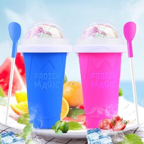 كوب Slushie ، 2 عبوة كأس صانع صانع DIY ، أكواب Magic Squeeze المجمدة لعصير الحليب الزبادي صنع الآيس كريم ، أكواب تبريد عصير DIY مع الغطاء والقش للأطفال Friends Family (Blue+Pink)