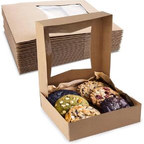 MT Products Kraft Bakery Boxes with Window - Size of 8" x 8" x 2 ½" - (15 Pieces) Auto Pop-Up Pastry Boxes with Window - Perfect for Muffins, Donuts, Mini Cakes, and Cookies - Made in the USA in Kuwait