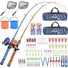 CODEK Kids Fishing Pole Set with Full Starter Kits 2 Set Portable Telescopic Fishing Rod and Reel Cambos for Boys Girls Toddler Youth Age Beginner Little Children Junior Anglers