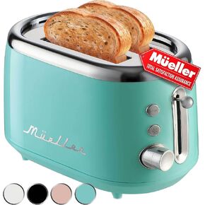 Mueller Retro Toaster 2 شريحة مع 7 مستويات بنية و 3 وظائف: إعادة تسخين ، إلغاء وإلغاء ، ميزات الفولاذ المقاوم للصدأ ، صينية القابلة للإزالة ، تحت تخزين الحبل الأساسي ، الفيروز