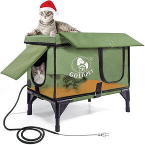 Large Heated Cat House for Outside Winter,Addition of rain-Proof Eaves, Waterproof & insulatedFeral Cat Shelter with Heater. Addition of Safety EscapeDoors for Feral Cat Kitty-Large