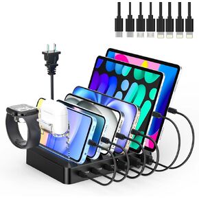 Catlyn Charging Station for Multiple Devices, 6 Port 90W Fast Charger Stations with 8 Mixed Charger Cables Organizer Dock,Compatible for Cell Phone,Tablet, Kindle, iPhone iPad for Family Home Office