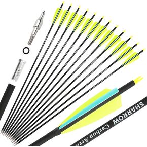 SHARROW 6/12 Pack 30 Inch Archery Carbon Arrows Practice Hunting Arrows Spine 500 with 4 Inch Turkey Feathers 100 Grain Removable Tips for Compound Recurve Bow