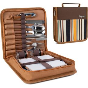Picnic Set for 4 - Includes 26 Pcs, Portable Travel Utensils with Case, Reusable Camping Cutlery Plates, Stainless Steel of Spoons and Forks, for Hiking, Camp, BBQ, Gift (Brown)