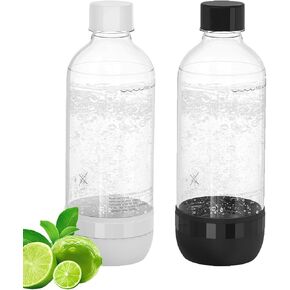Soda Maker Bottles, 1 Litre Reusable BPA Free Sparkling Water Bottles, Reusable Carbonating Bottles, Replacement Bottle for Soda Machine, 2 Pack, Black (1L) & White (1L)
